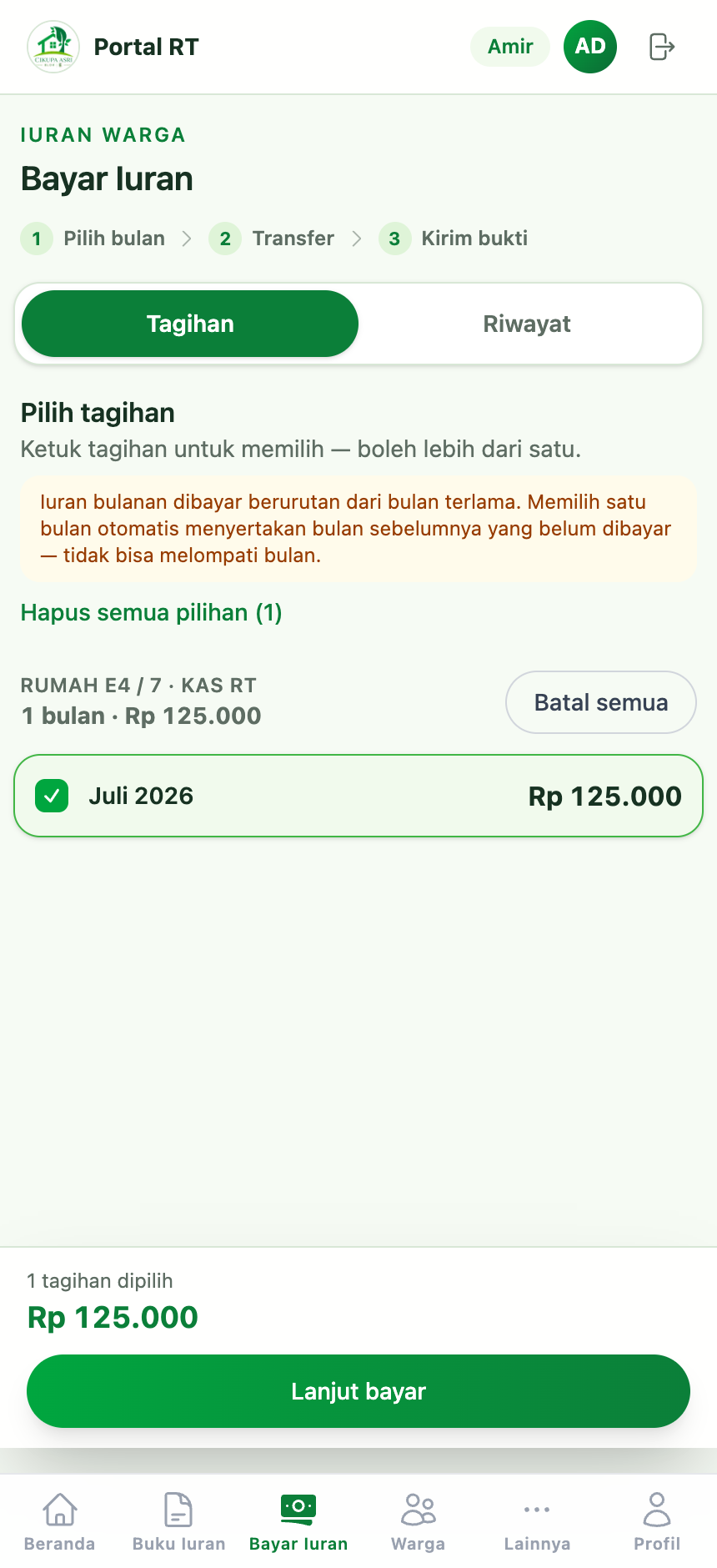 A. Pilih tagihan lalu Lanjut bayar