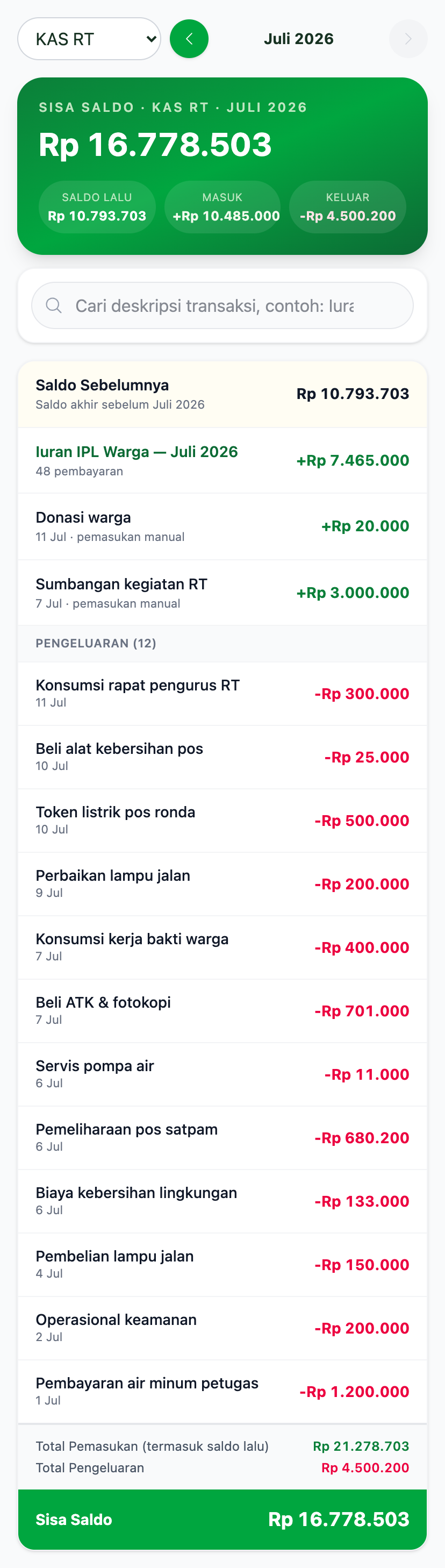 Halaman Kas RT — rincian transaksi per bulan