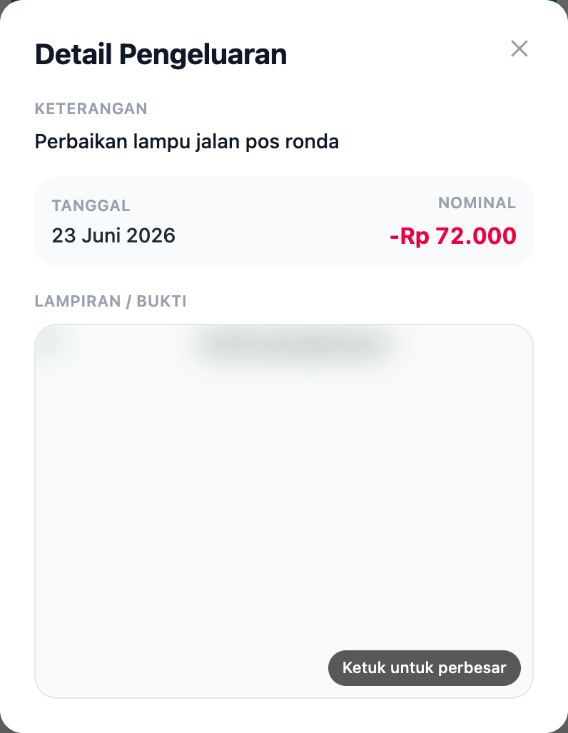 Rincian satu pengeluaran beserta bukti (foto disamarkan)