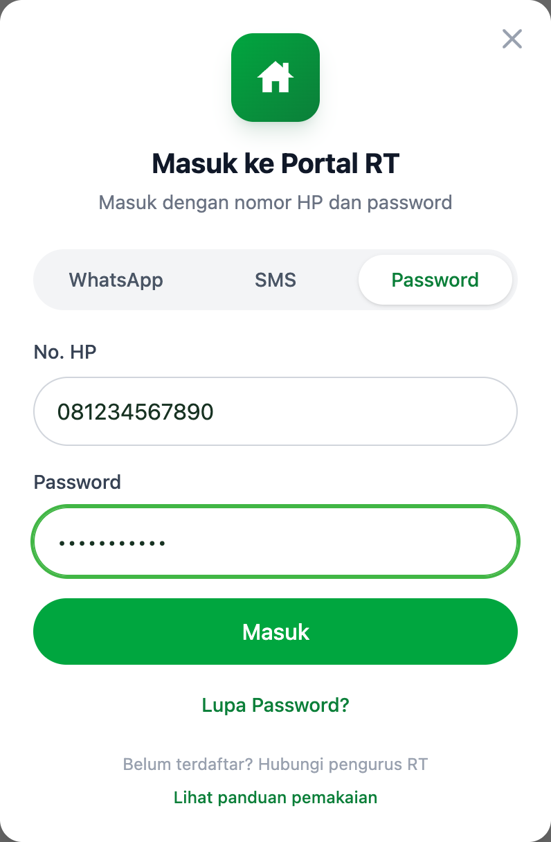 Tab Password — isi No. HP & password