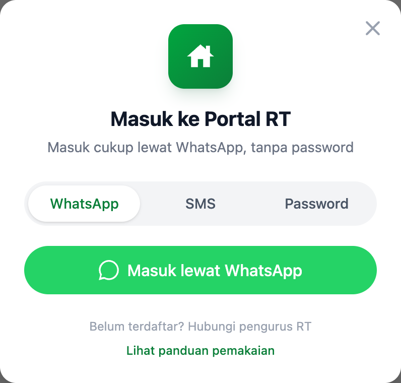 Langkah 1 — tombol Masuk lewat WhatsApp